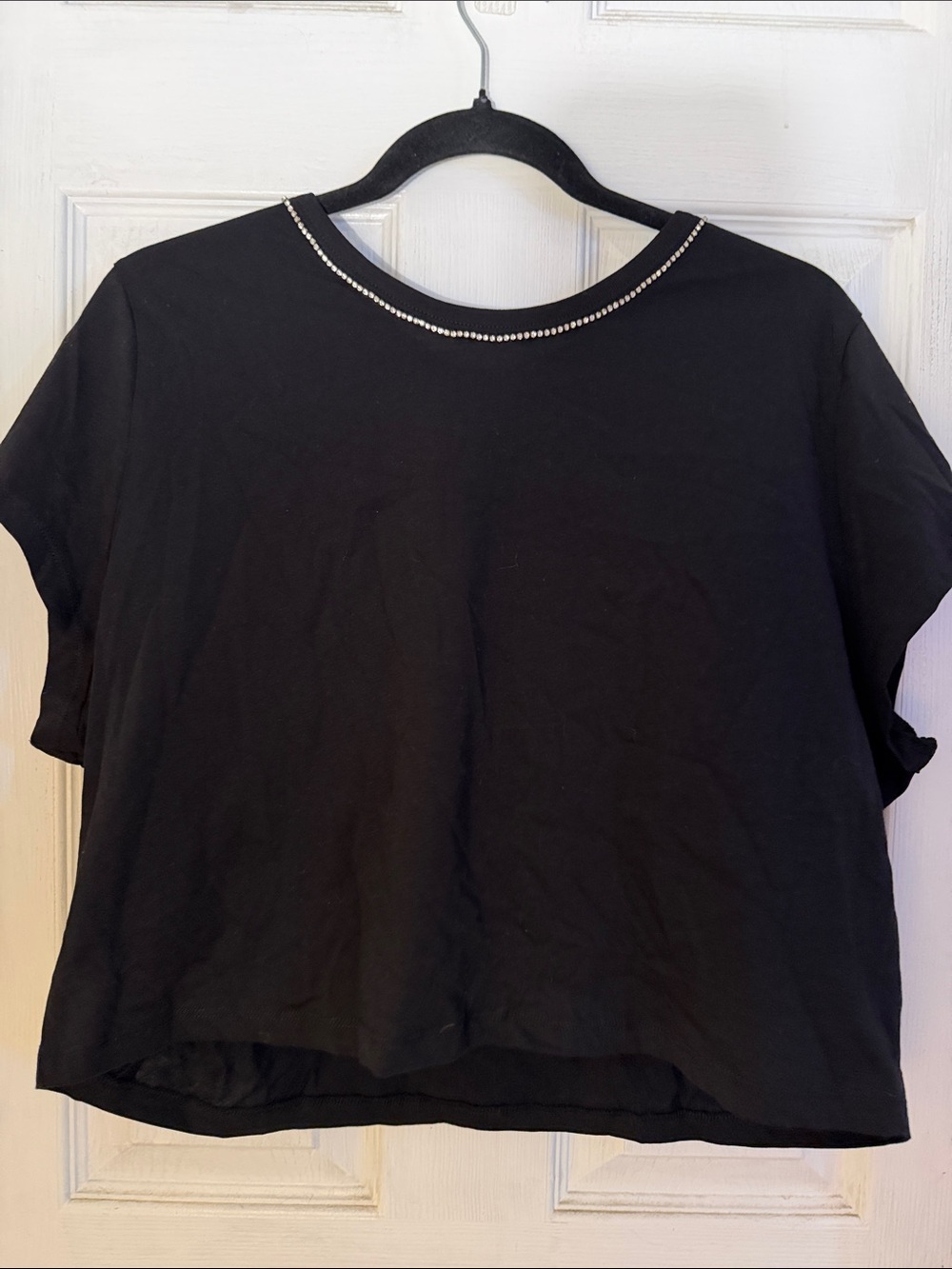 H&M Black Women's Short Sleeve Crop Top with Rhinestone Neckline